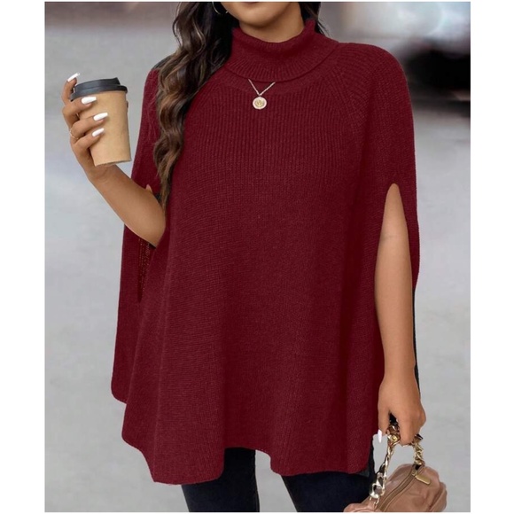 Cozy Ribbed Turtleneck Minimalist Poncho Sweater Top - Picture 3 of 7